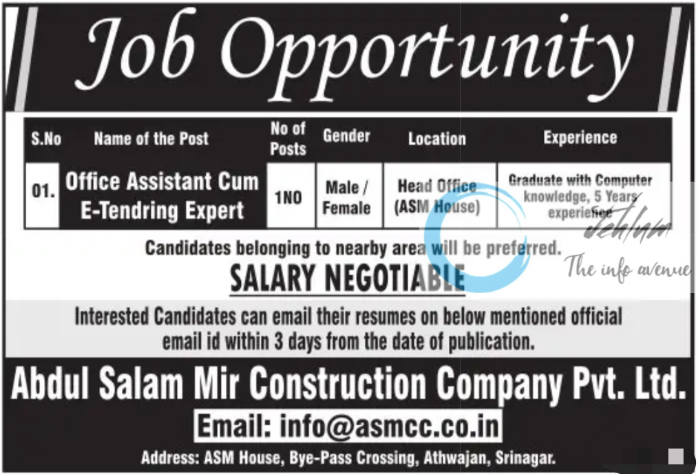 Abdul Salam Mir Construction Company Srinagar Jobs 2024-25