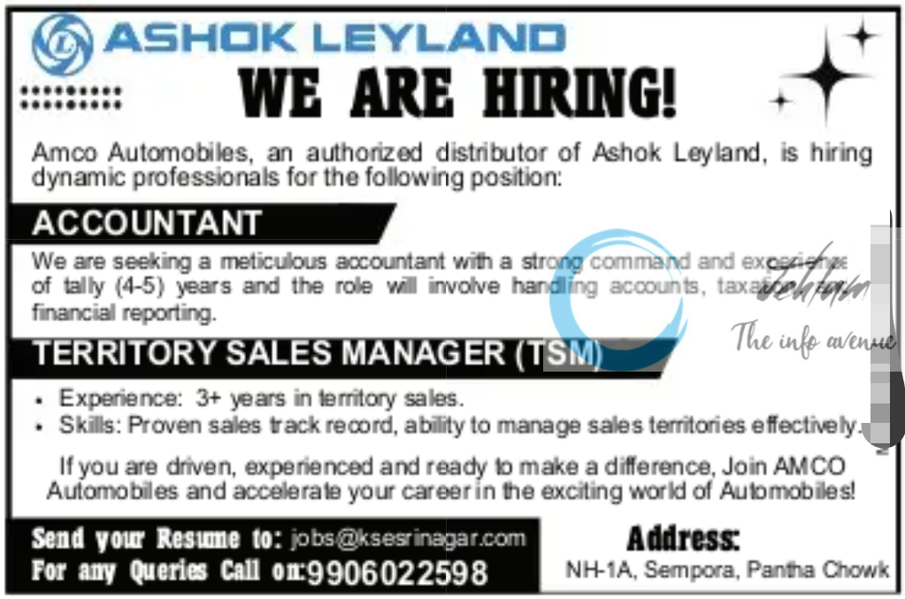 Ashok Leyland Amco Automobiles Srinagar Jobs Vacancy 2024