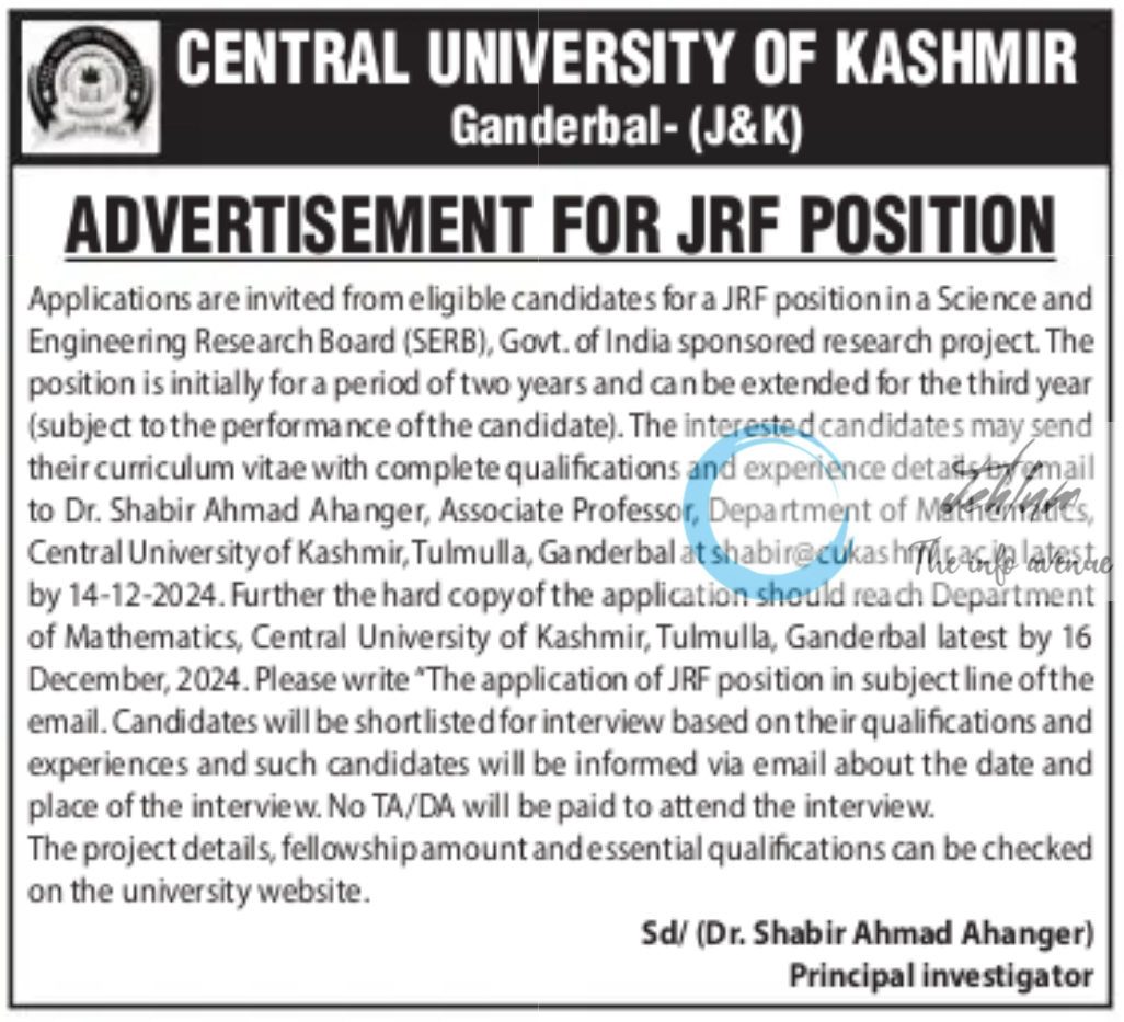 CENTRAL UNIVERSITY OF KASHMIR DEPTT OF MATHEMATICS JRF ADVERTISEMENT NOTICE 2024