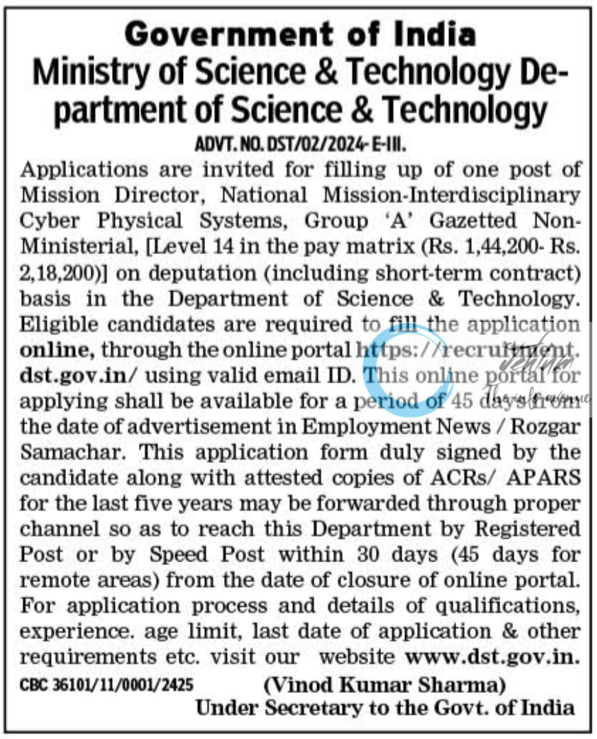 Department of Science & Technology Recruitment Advt No DST/02/2024-E-III