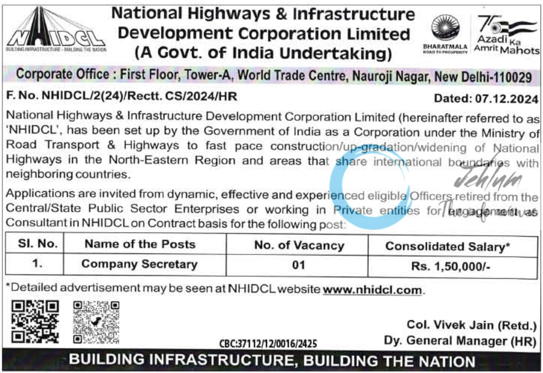 National Highways & Infrastructure Development Corporation Limited Consultant Advertisement No NHIDCL/2(24)/Rectt CS/2024/HR