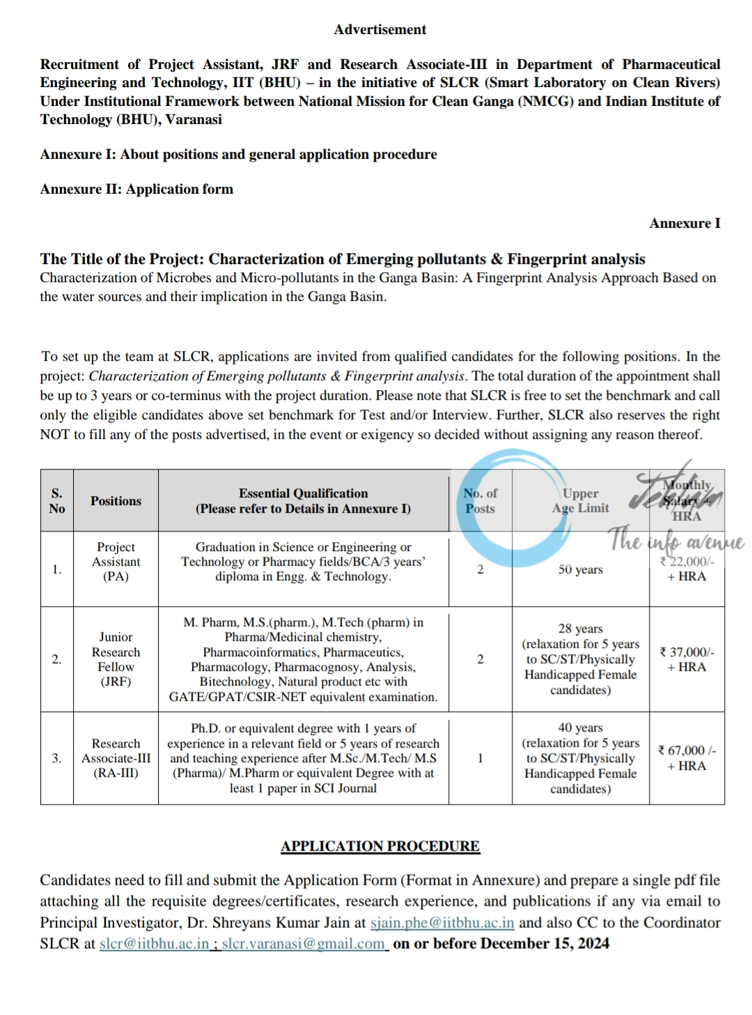 IIT BHU Varanasi Deptt of Pharmaceutical Engineering and Technology Project Assistant/JRF/Research Associate Advertisement Notice 2024