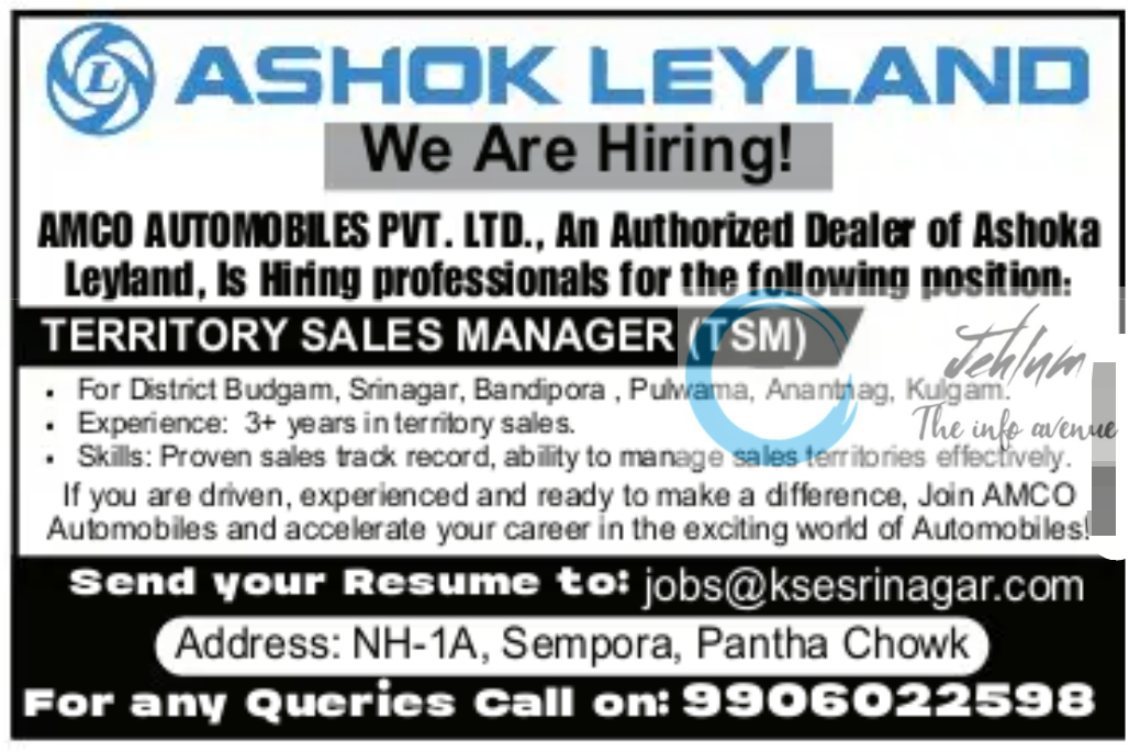 AMCO AUTOMOBILES PVT LTD ASHOK LEYLAND SRINAGAR JOBS 2024-25