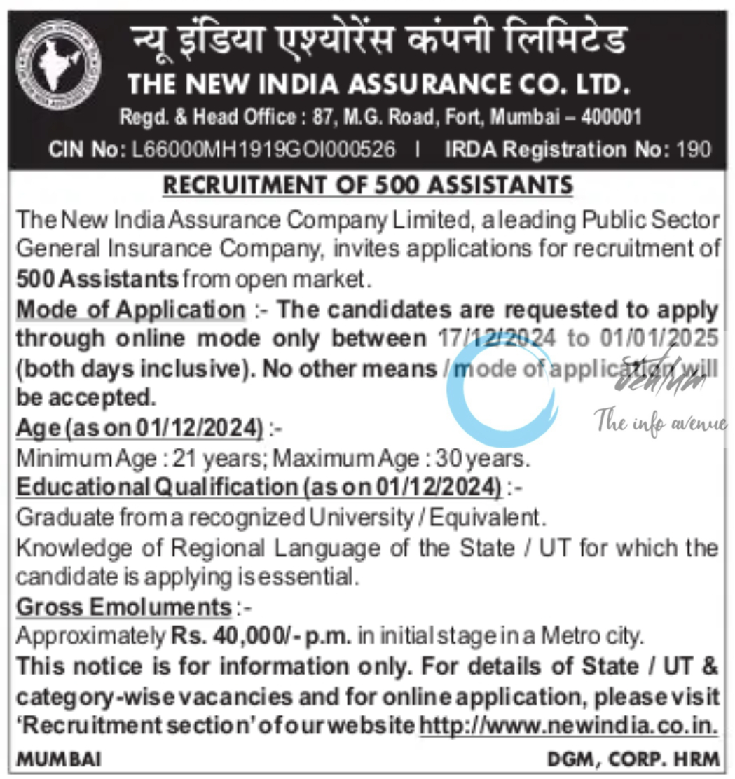 THE NEW INDIA ASSURANCE RECRUITMENT OF 500 ASSISTANTS 2024-25