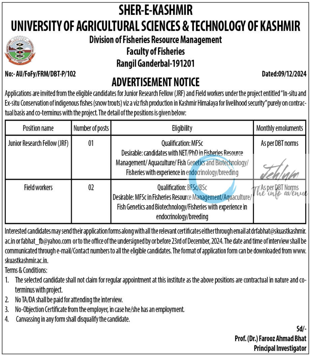 SKUAST Kashmir Division of Fisheries Resource Management JRF Advertisement No AU/FoFy/FRM/DBT-P/102