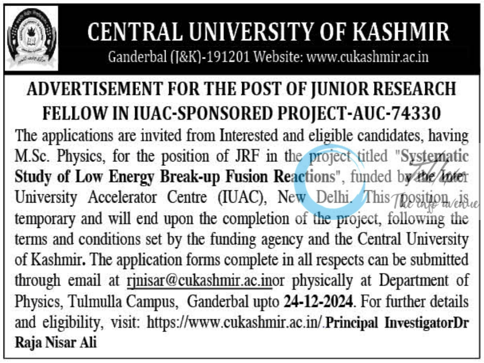 CENTRAL UNIVERSITY OF KASHMIR DEPTT OF PHYSICS JRF ADVERTISEMENT NOTICE 2024