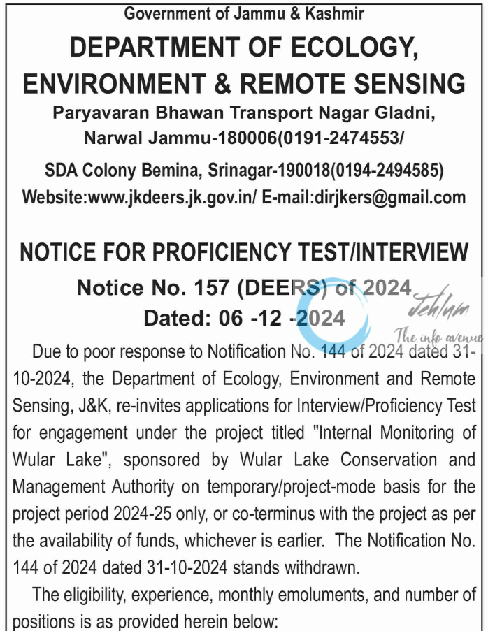 DEPARTMENT OF ECOLOGY ENVIRONMENT AND REMOTE SENSING ADVERTISEMENT NOTICE NO 157 DEERS OF 2024