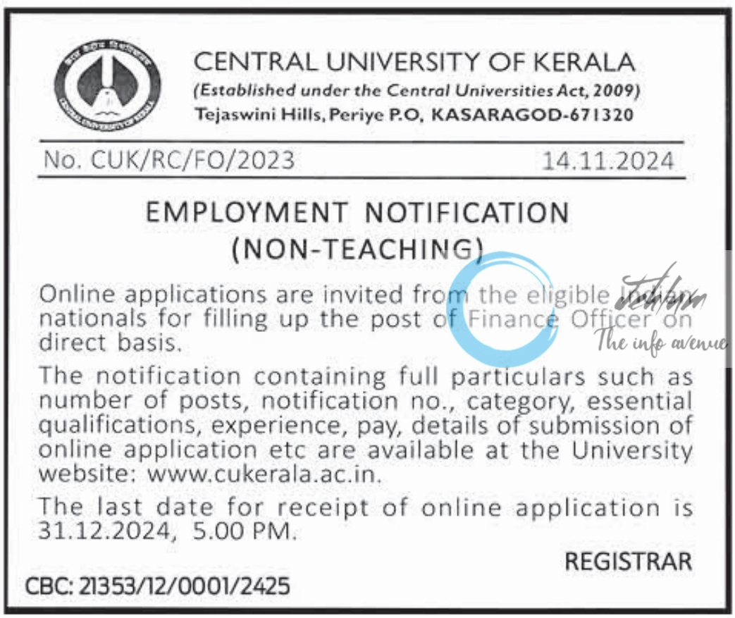 CENTRAL UNIVERSITY OF KERALA EMPLOYMENT NOTIFICATION NO CUK/RC/FO/2023