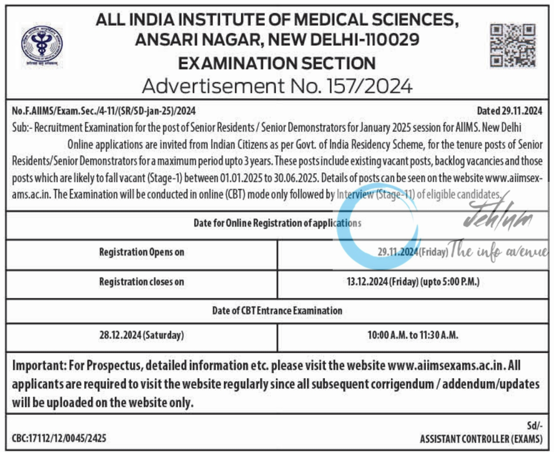 AIIMS NEW DELHI SENIOR RESIDENTS/SENIOR DEMONSTRATORS ADVERTISEMENT NO 157/2024