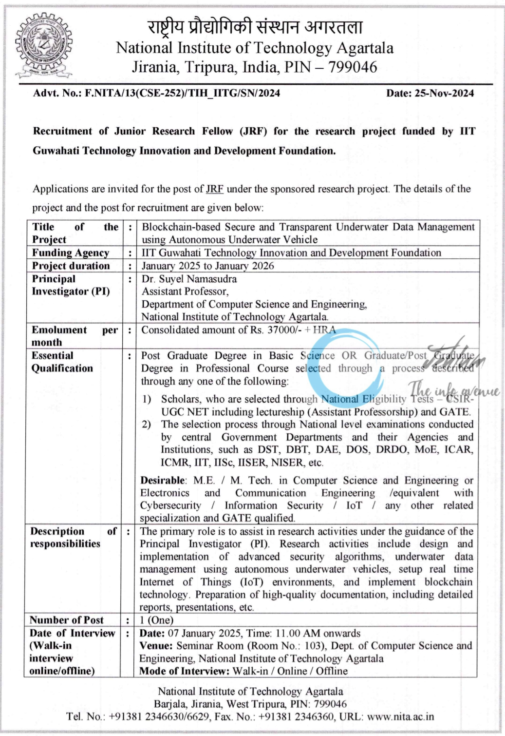 NIT Agartala JRF Advt No F-NITA/13(CSE-252)/TIH_IITG/SN/2024