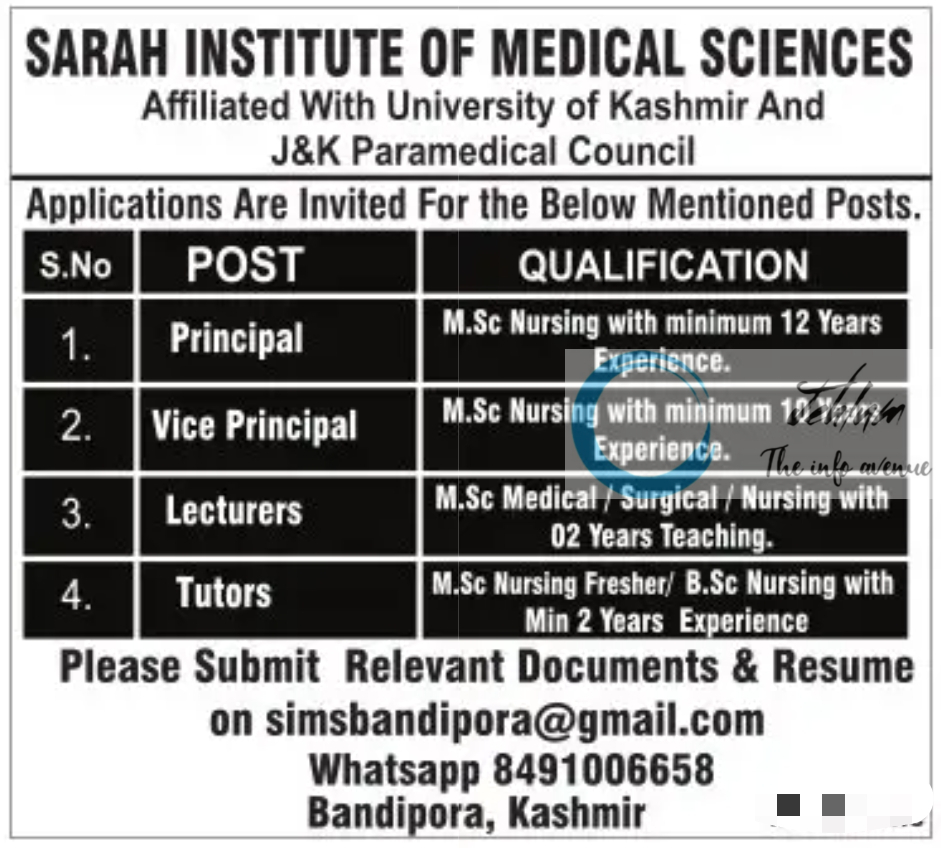 SARAH INSTITUTE OF MEDICAL SCIENCES BANDIPORA JOBS OPENINGS 2024-25