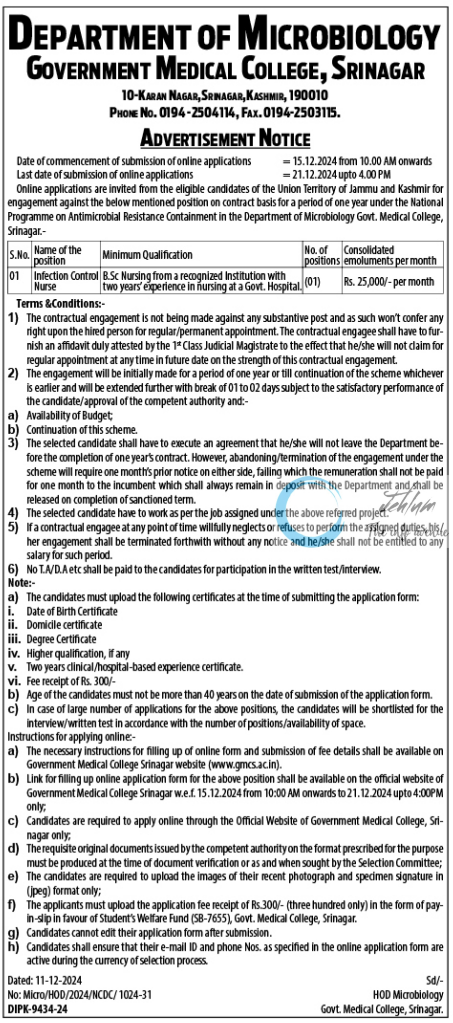 GMC SRINAGAR DEPTT OF MICROBIOLOGY ADVERTISEMENT NOTICE NO Micro/HOD/2024/NCDC/1024-31