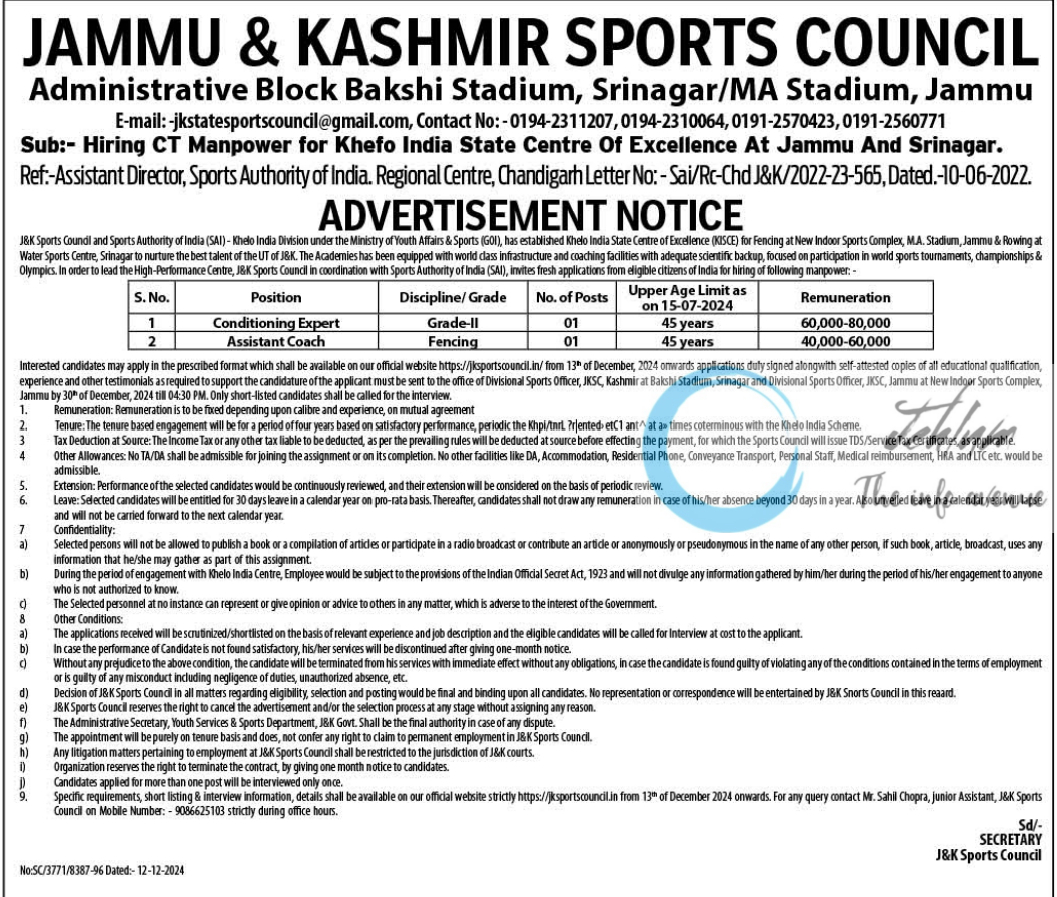 JK SPORTS COUNCIL ADVERTISEMENT NOTICE NO S0/3771/8387-96