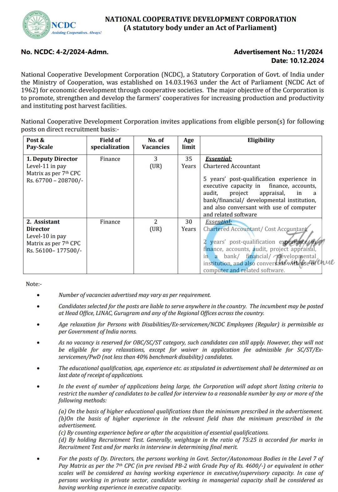 NATIONAL COOPERATIVE DEVELOPMENT CORPORATION NCDC RECRUITMENT ADVERTISEMENT NO 11/2024