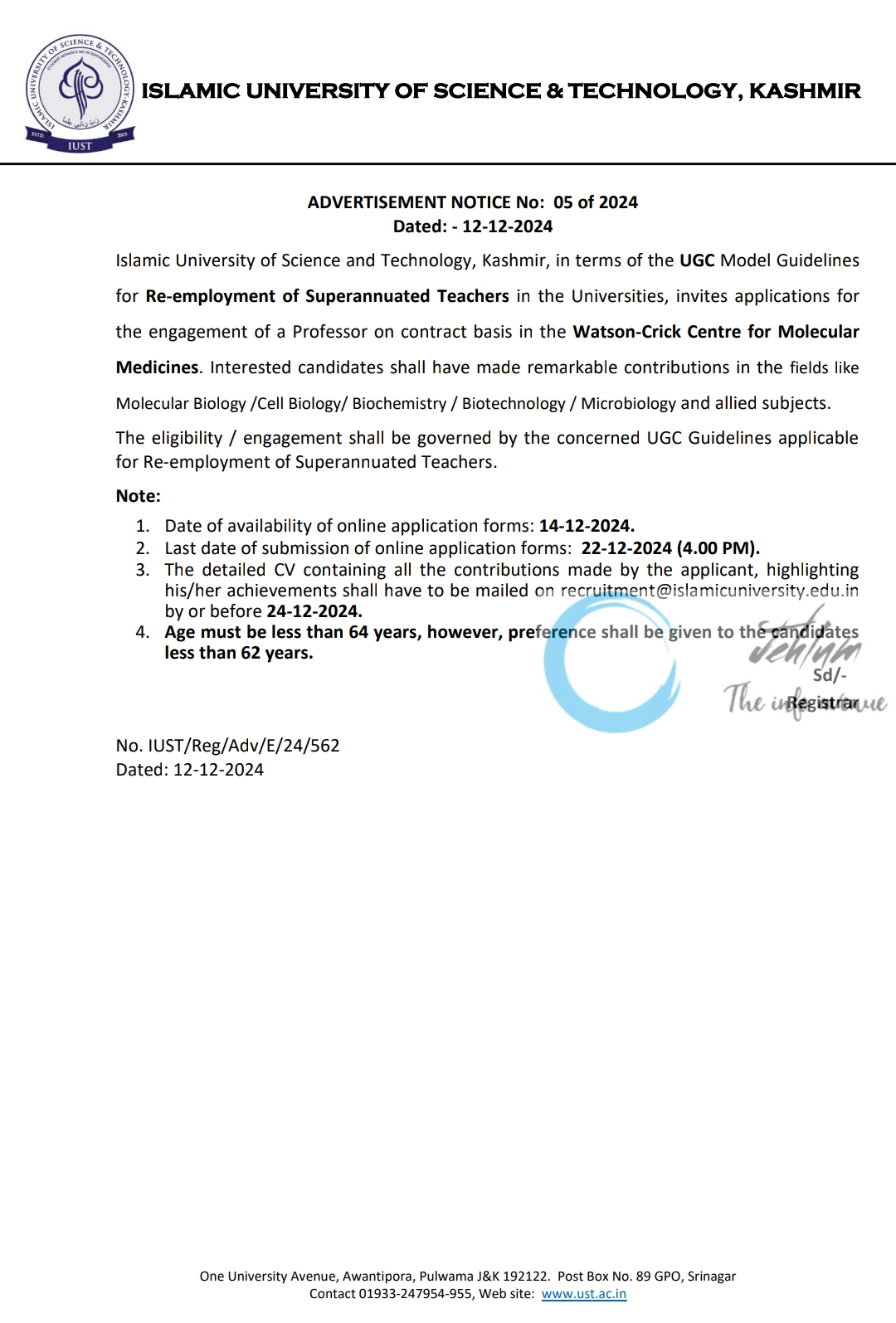 IUST KASHMIR WATSON-CRICK CENTRE ADVERTISEMENT NOTICE NO 05 OF 2024