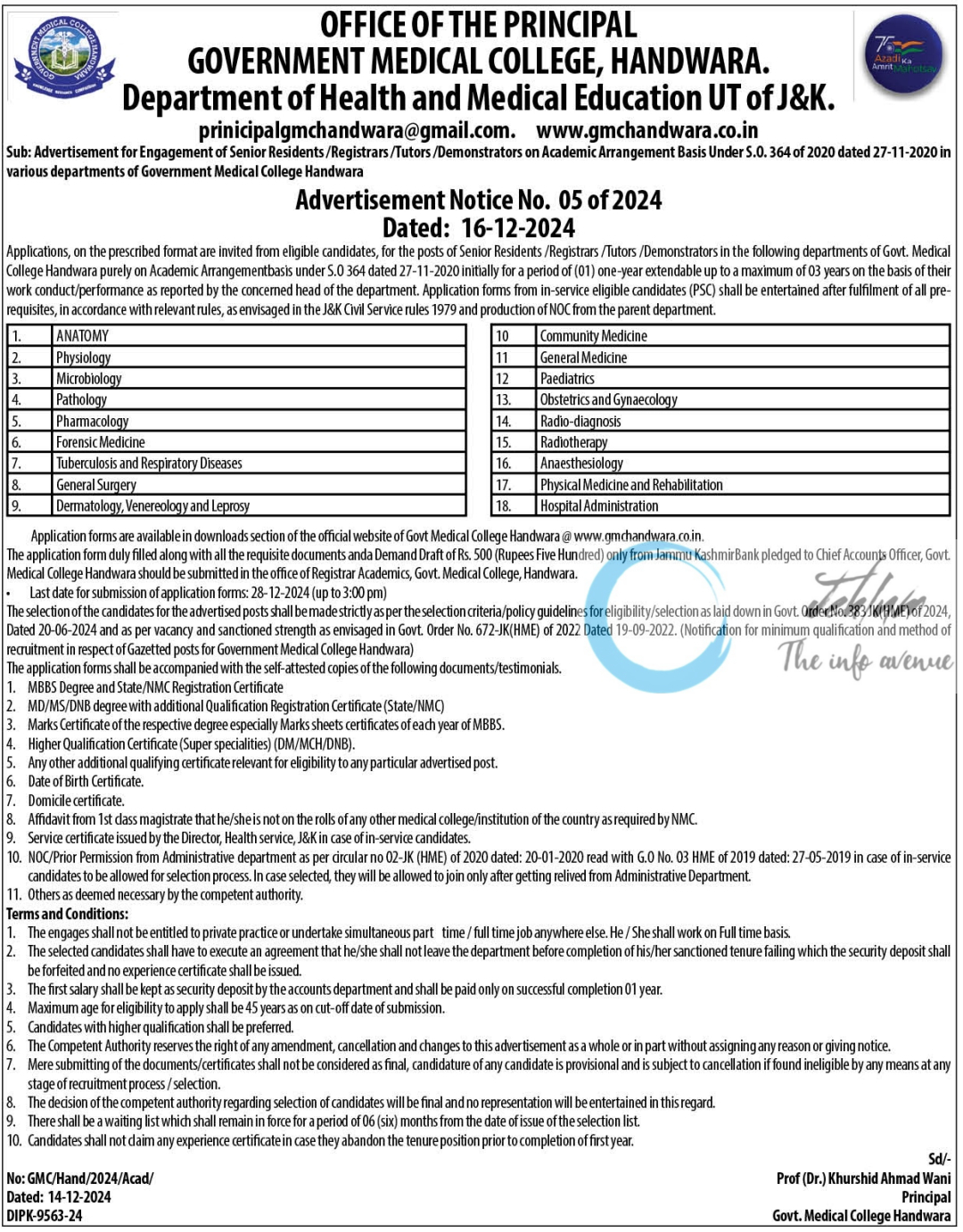 GMC Handwara Academic Arrangement No GMC/Hand/2024/Acad