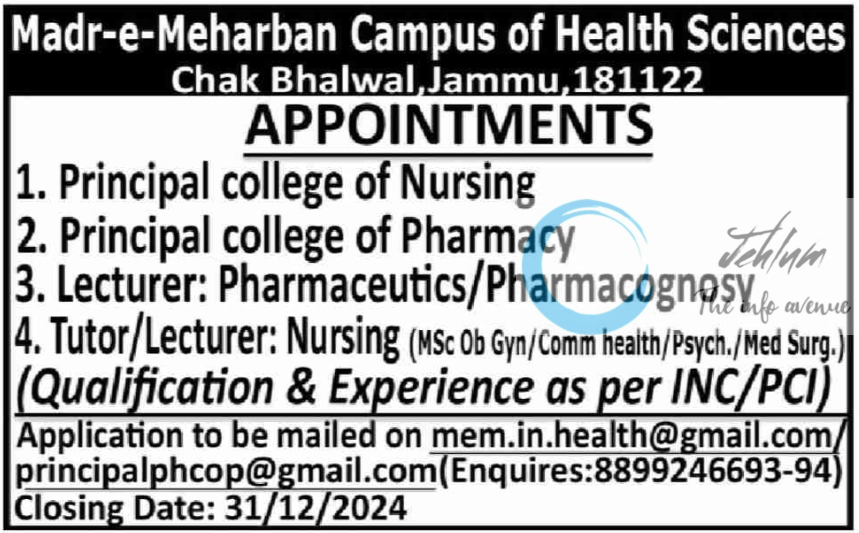 Madr-e-Meharban Campus of Health Sciences Jammu Jobs Vacancy 2024