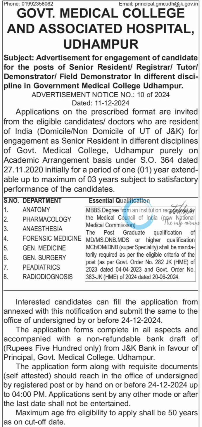 GMC UDHAMPUR ADVERTISEMENT NOTICE NO 10 OF 2024