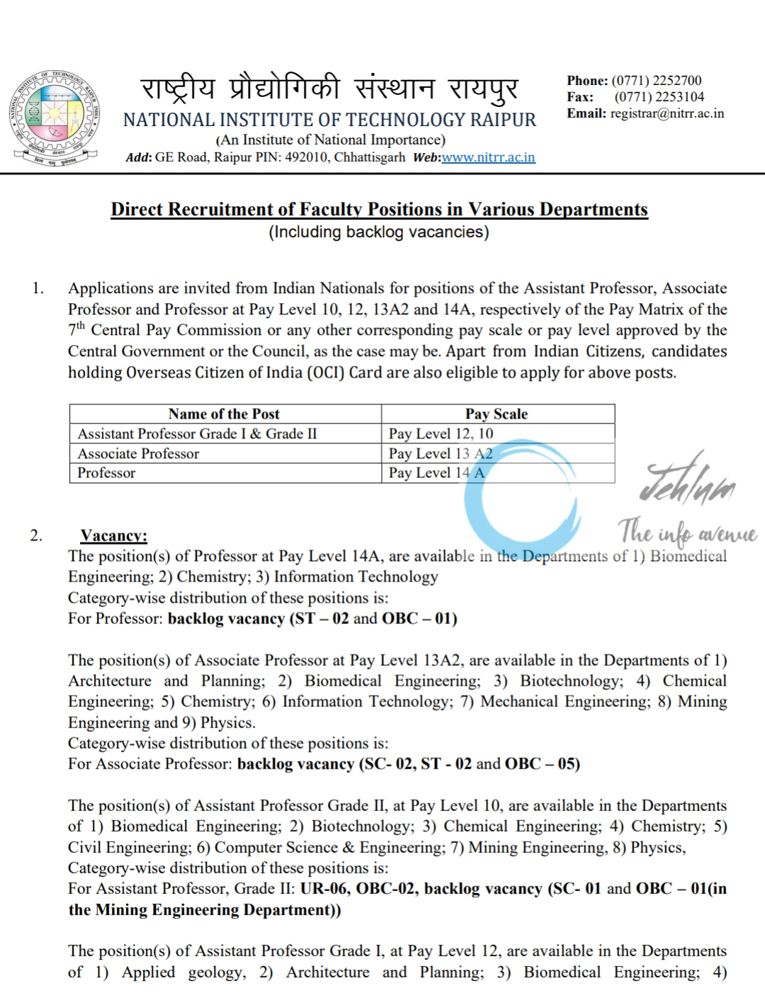 NATIONAL INSTITUTE OF TECHNOLOGY NIT RAIPUR Faculty Recruitment Advertisement No/NITRR/R-1/Advt/2024