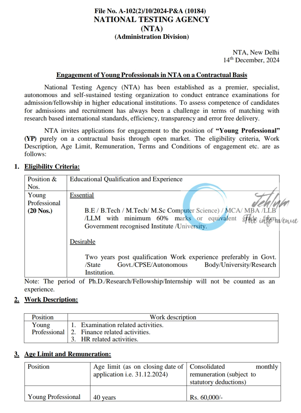 NATIONAL TESTING AGENCY ΝΤΑ YOUNG PROFESSIONALS NO A-102(2)/10/2024