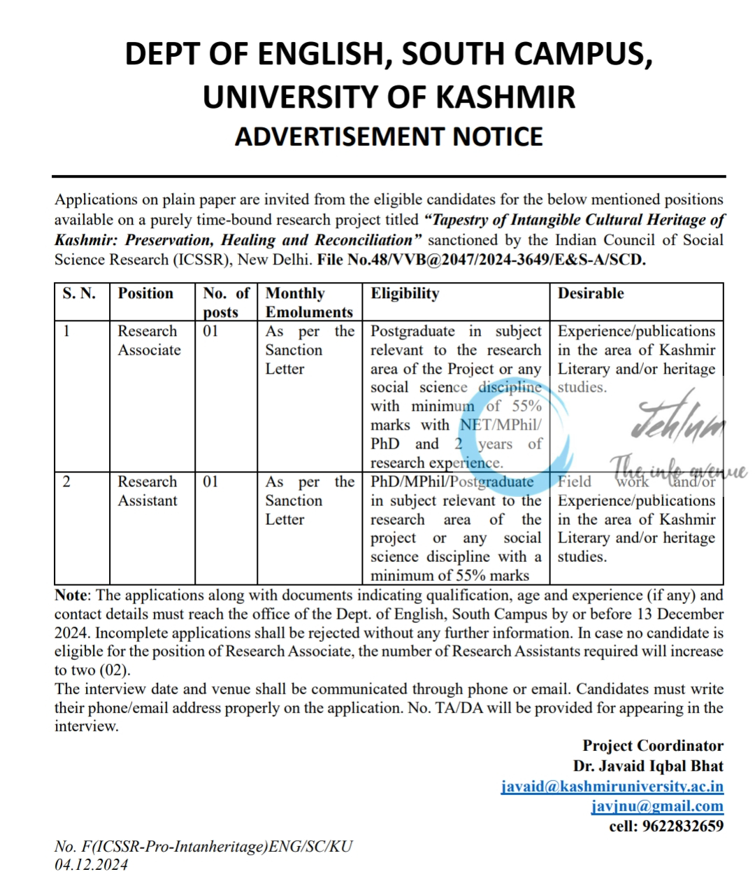 UNIVERSITY OF KASHMIR SOUTH CAMPUS DEPT OF ENGLISH RESEARCH ASSISTANT ADVERTISEMENT NOTICE 2024-25