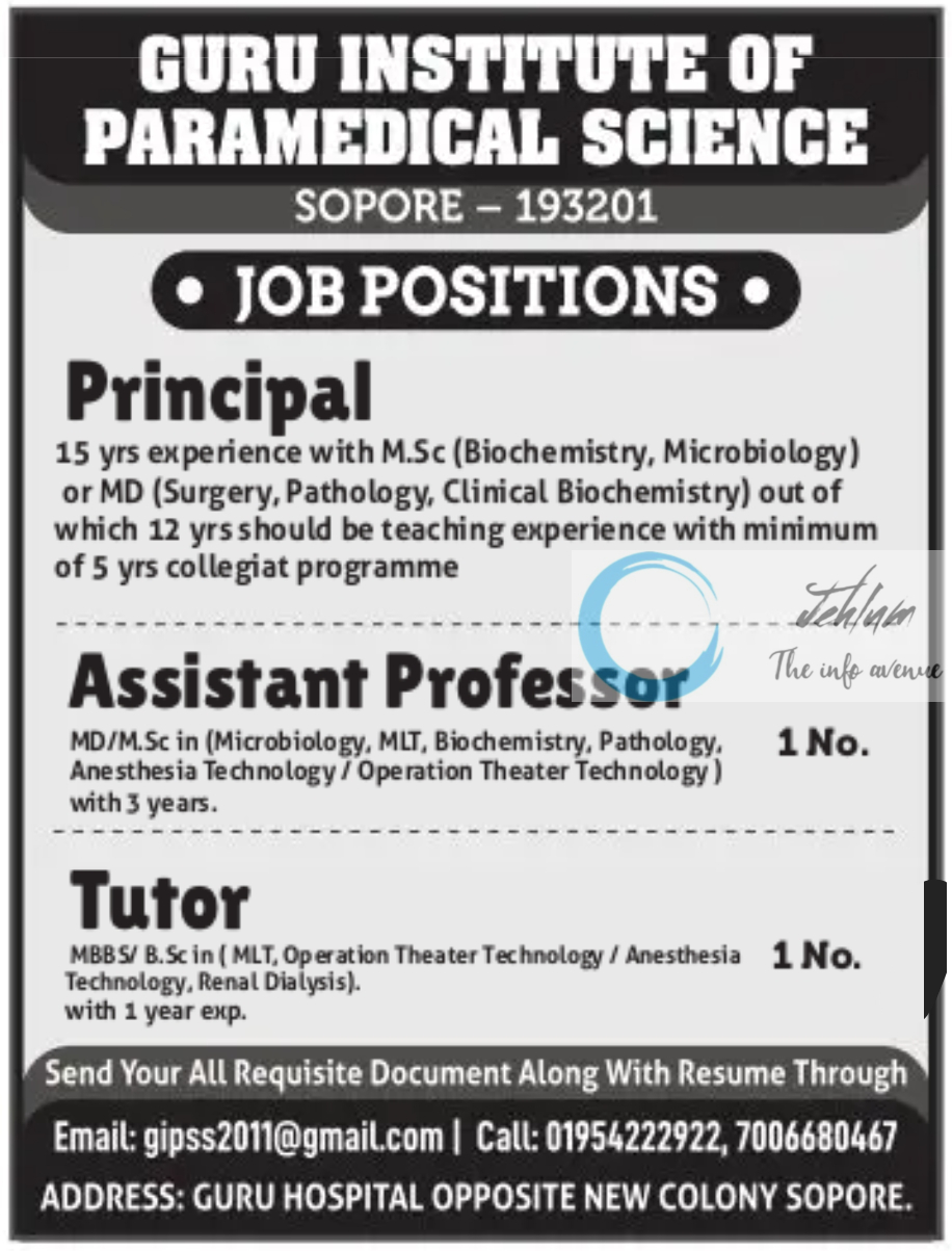 GURU INSTITUTE OF PARAMEDICAL SCIENCE SOPORE JOBS OPENINGS 2024-25