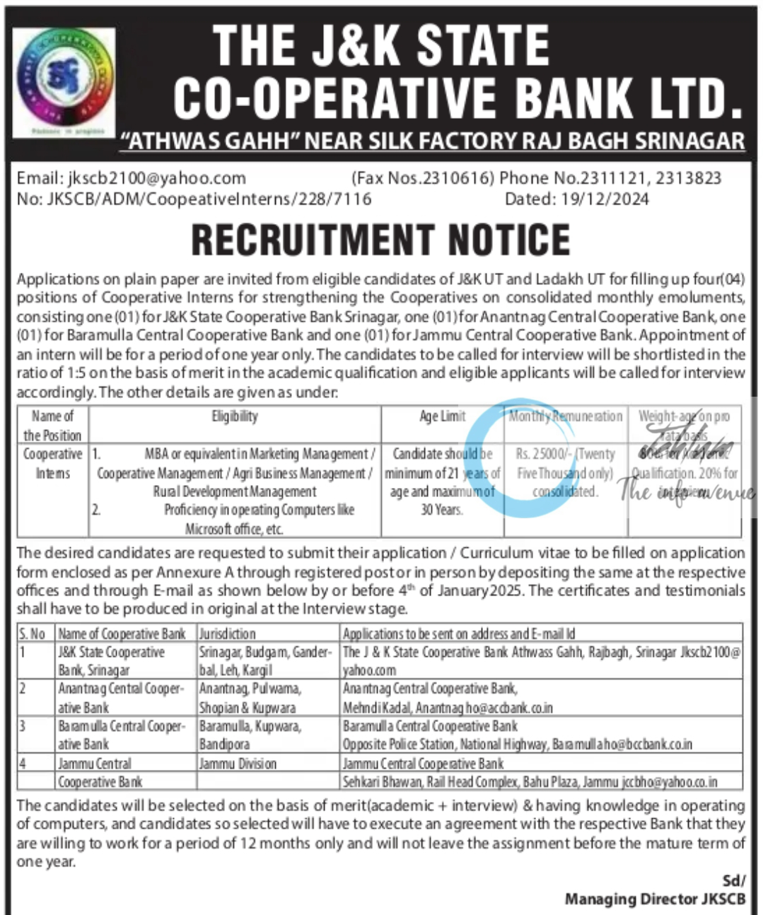 THE JK STATE CO-OPERATIVE BANK LTD RECRUITMENT NOTICE NO JKSCB/ADM/CoopeativeInterns/228/7116