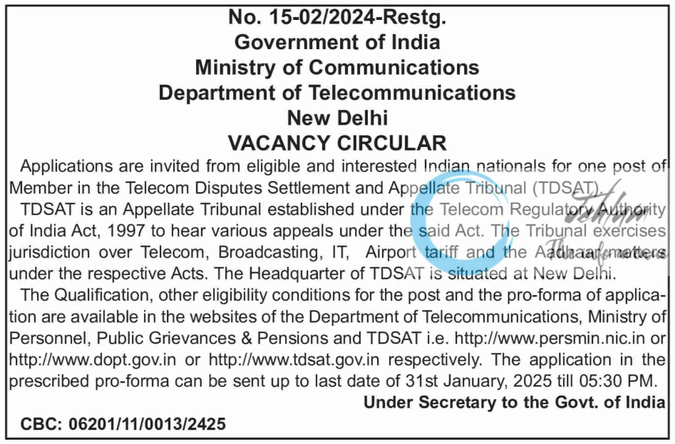 Department of Telecommunications TDSAT Vacancy Circular No 15-02/2024-Restg