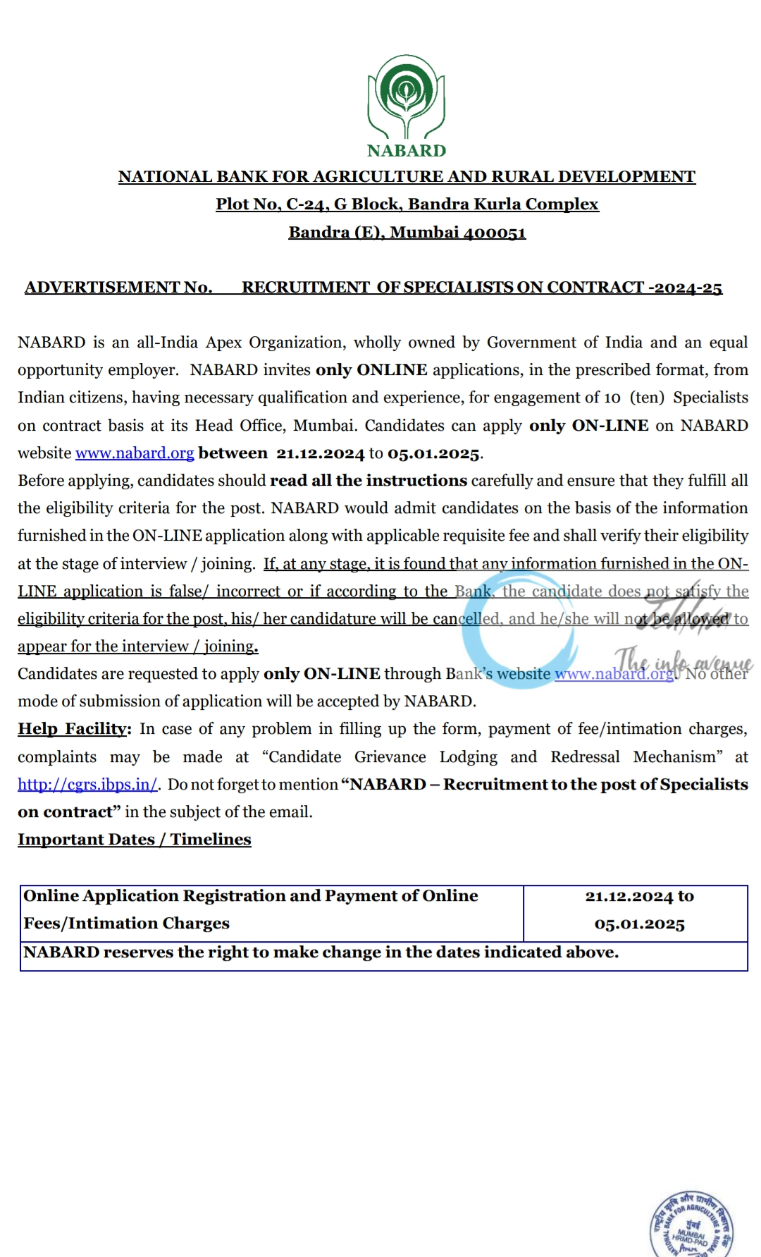 NABARD SPECIALISTS RECRUITMENT ADVERTISEMENT NOTICE 2024-25