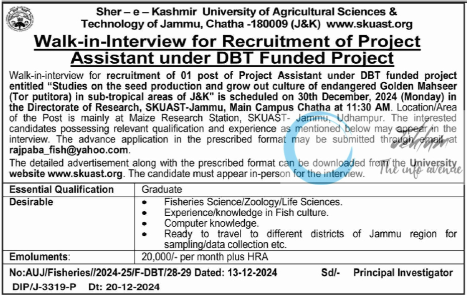 SKUAST Jammu Walk-in-Interview Recruitment Advertisement No AUJ/Fisheries//2024-25/F-DBT/28-29