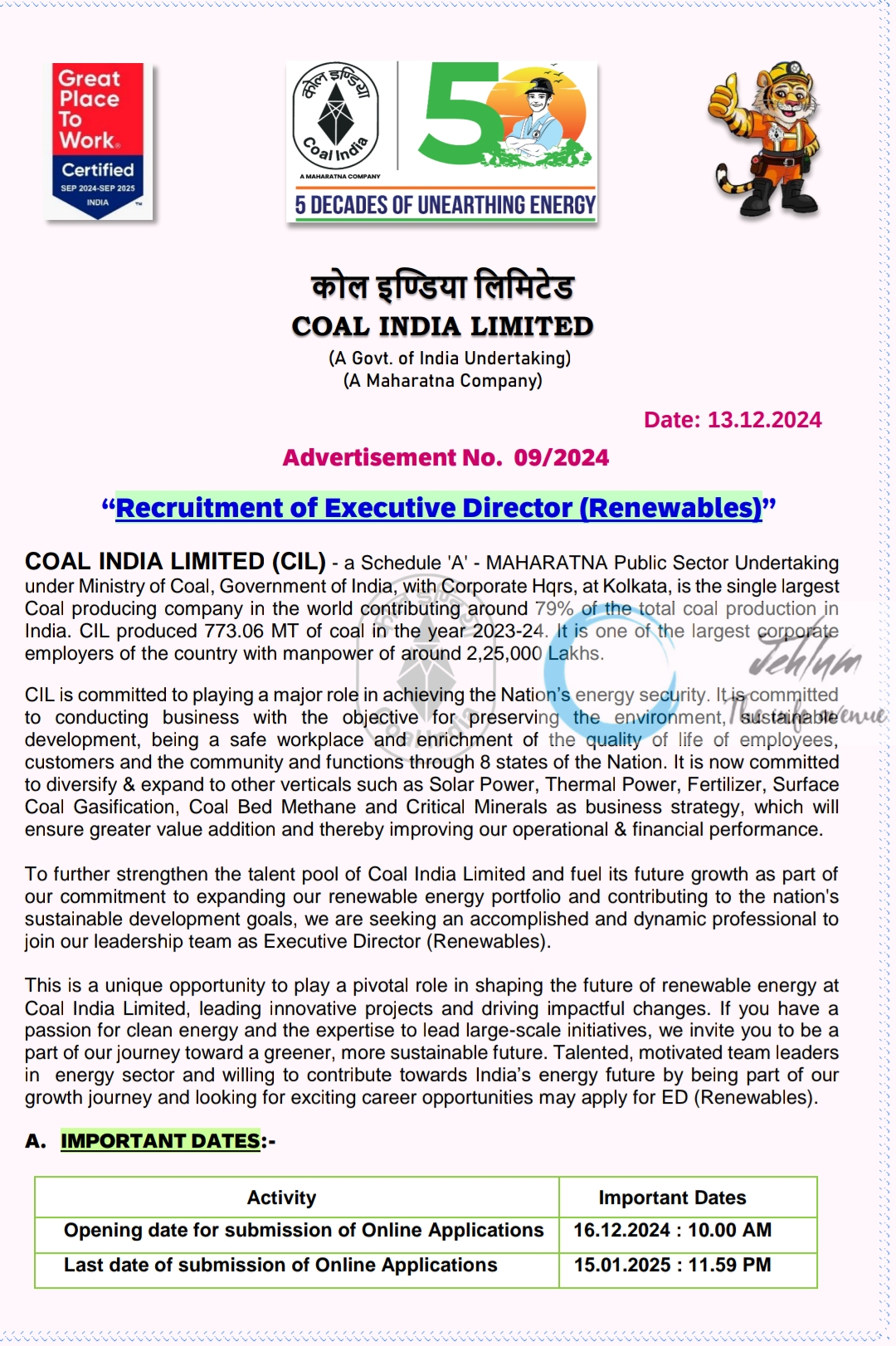 COAL INDIA LIMITED RECRUITMENT ADVERTISEMENT NO 09/2024