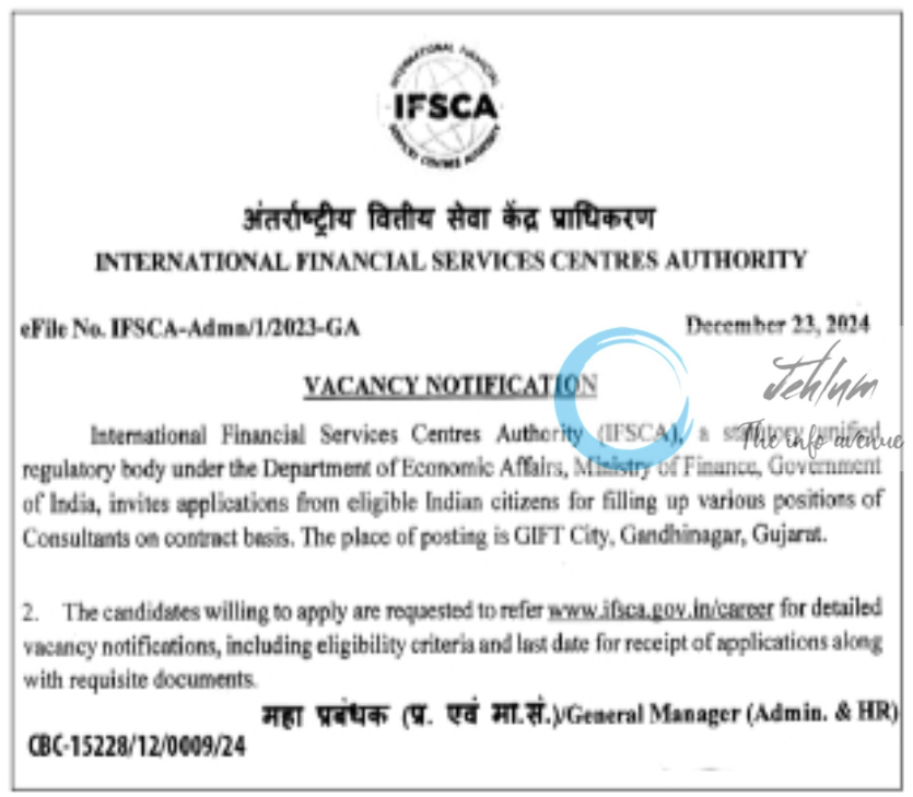 INTERNATIONAL FINANCIAL SERVICES CENTRES AUTHORITY IFSCA VACANCY NOTIFICATION NO IFSCA-Adma/1/2023-GA