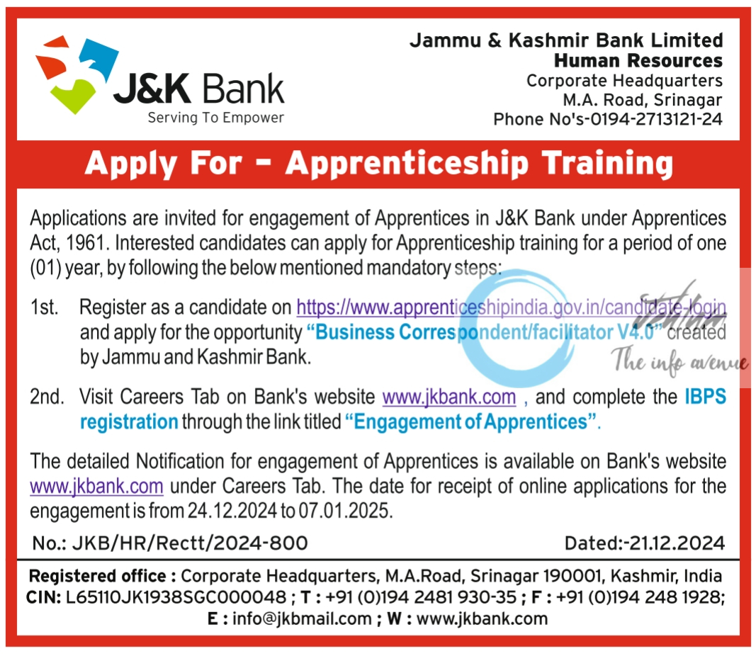 Jammu & Kashmir JK Bank Limited Apprenticeship Training Notification No JKB/HR/Rectt/2024-800