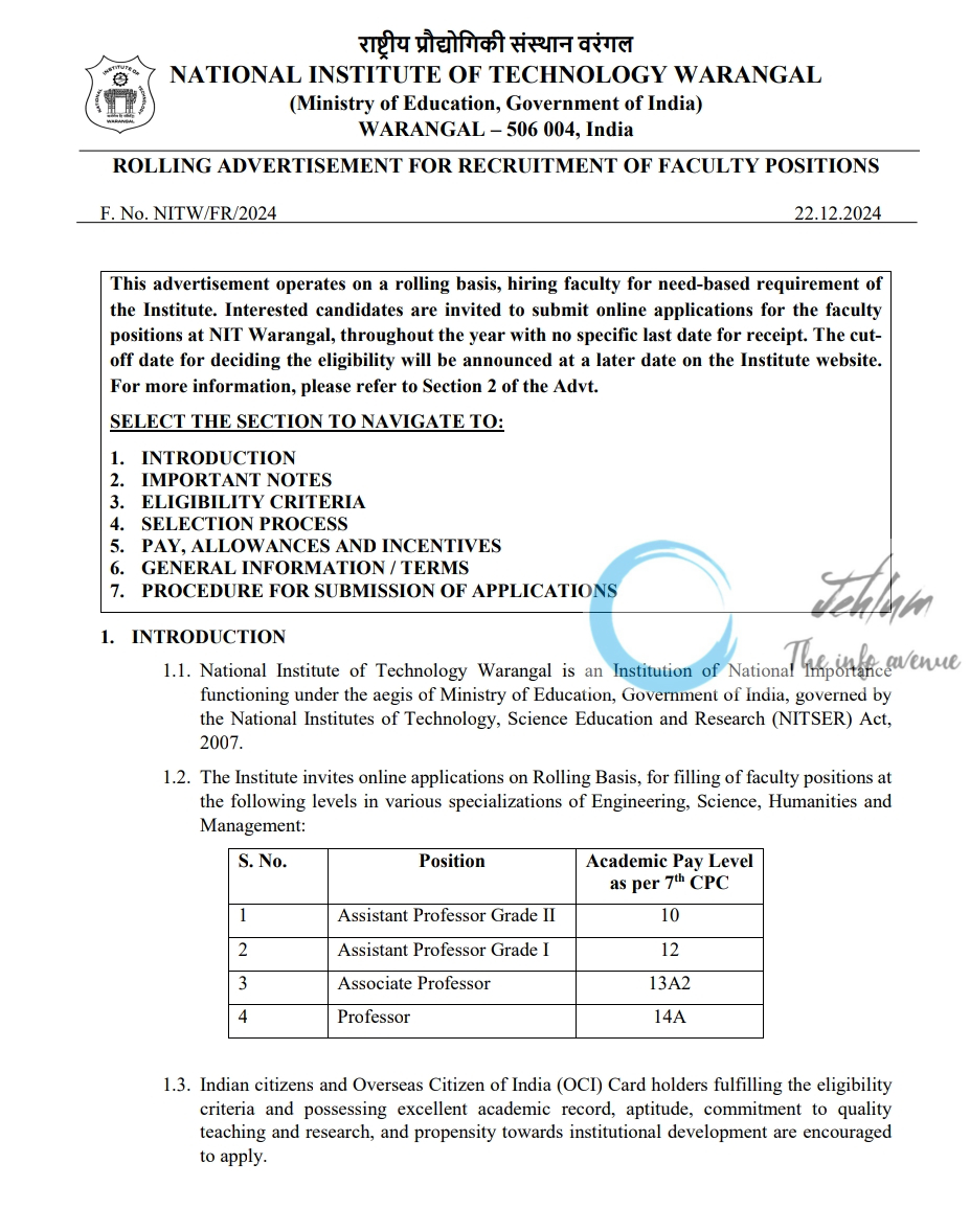 NIT WARANGAL FACULTY RECRUITMENT ADVERTISEMENT NITW/FR/2024