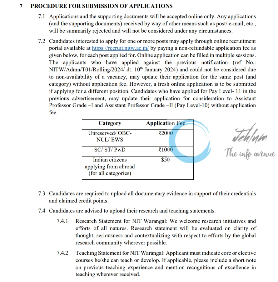 NIT WARANGAL FACULTY RECRUITMENT ADVERTISEMENT NITW/FR/2024