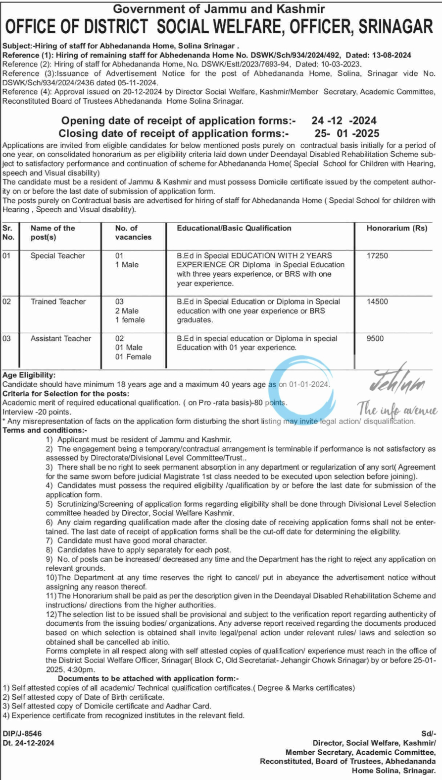 DISTRICT SOCIAL WELFARE SRINAGAR ABHEDANANDA HOME STAFF RECRUITMENT ADVERTISEMENT NOTICE 2024