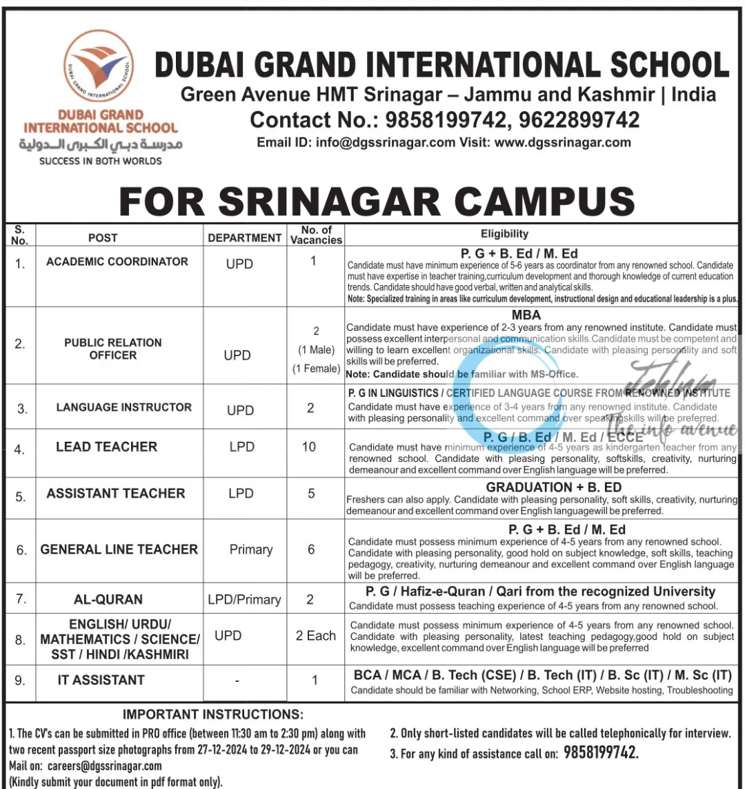 DUBAI GRAND INTERNATIONAL SCHOOL JOBS ADVERTISEMENT NOTIFICATION 2024-25