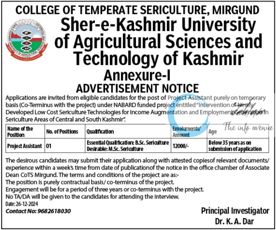 SKUAST KASHMIR COLLEGE OF TEMPERATE SERICULTURE MIRGUND ADVERTISEMENT NOTICE 2024-25