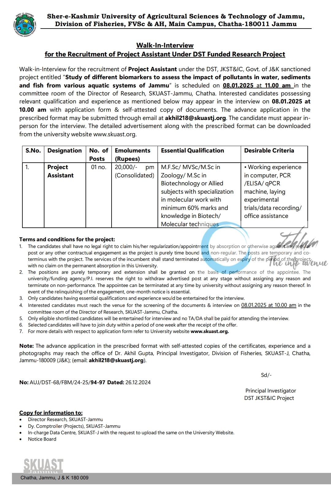 SKUAST-Jammu Division of Fisheries Project Assistant Recruitment Walk-In-Interview Notice 2024-25