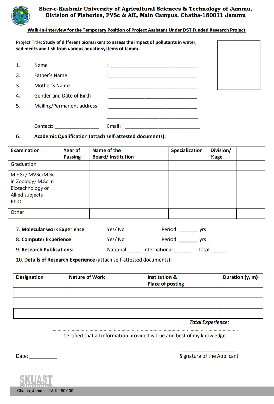 SKUAST-Jammu Division of Fisheries Project Assistant Recruitment Walk-In-Interview Notice 2024-25