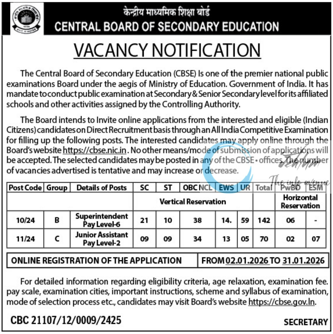 CBSE SUPERINTENDENT/JUNIOR ASSISTANT VACANCY NOTIFICATION 2024-25