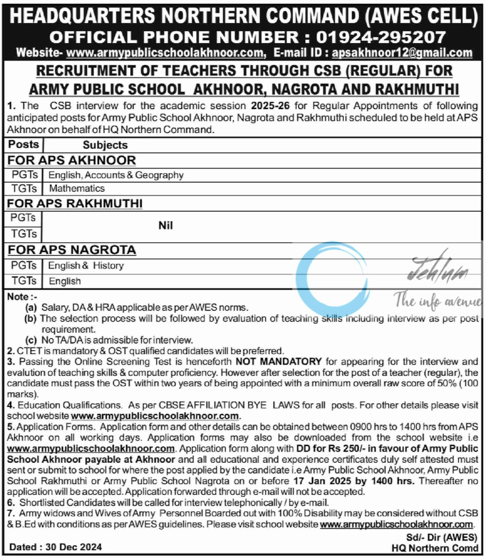 ARMY PUBLIC SCHOOL AKHNOOR NAGROTA AND RAKHMUTHI RECRUITMENT OF TEACHERS THROUGH CSB 2025