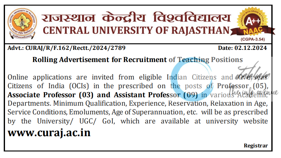 CENTRAL UNIVERSITY OF RAJASTHAN RECRUITMENT ADVT NO CURAJ/R/F162/Rectt/2024/2789