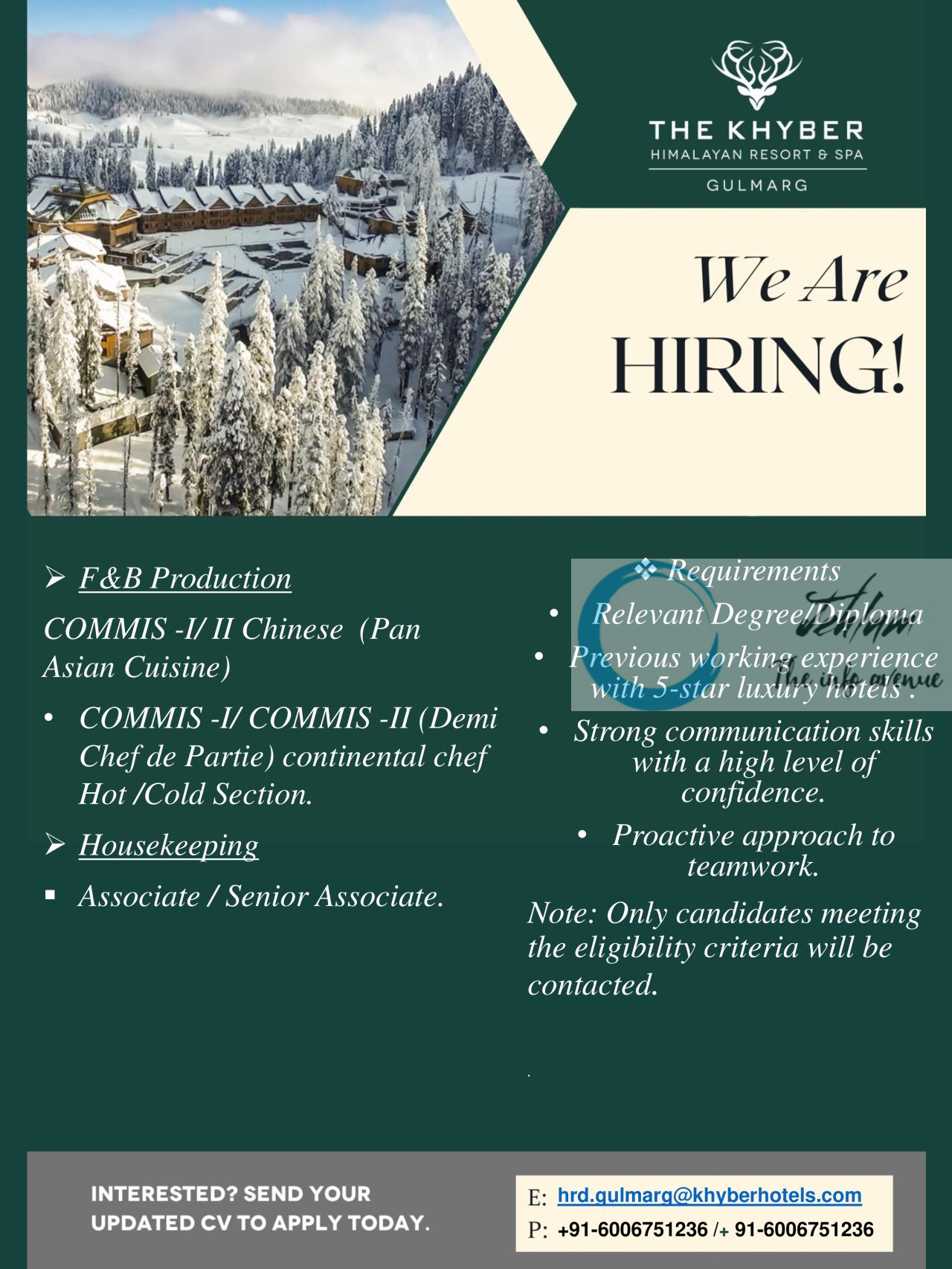 THE KHYBER HIMALAYAN RESORT AND SPA GULMARG JOBS VACANCIES 2025