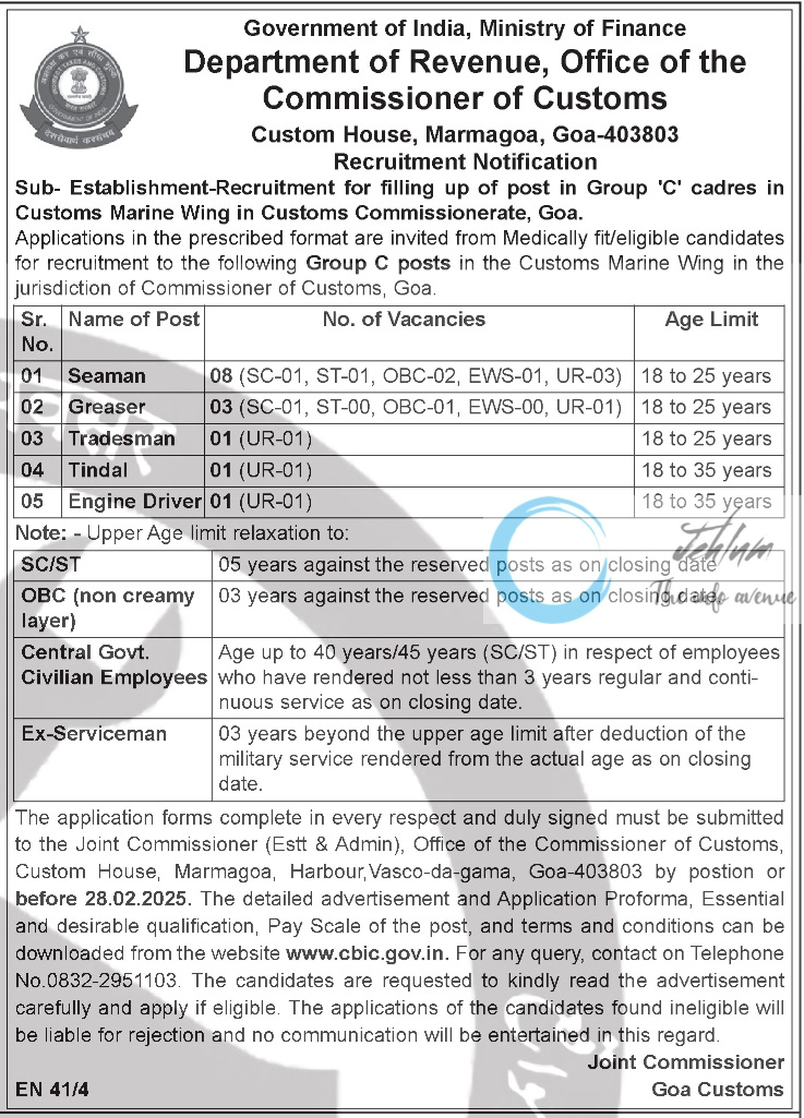 Department of Revenue Office of the Commissioner of Customs Goa Recruitment Notification 2025