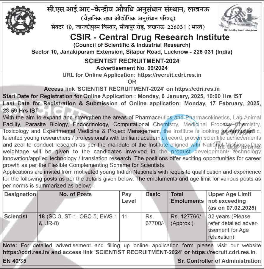 CSIR Central Drug Research Institute CDRI Scientist Recruitment Advertisement No 09/2024