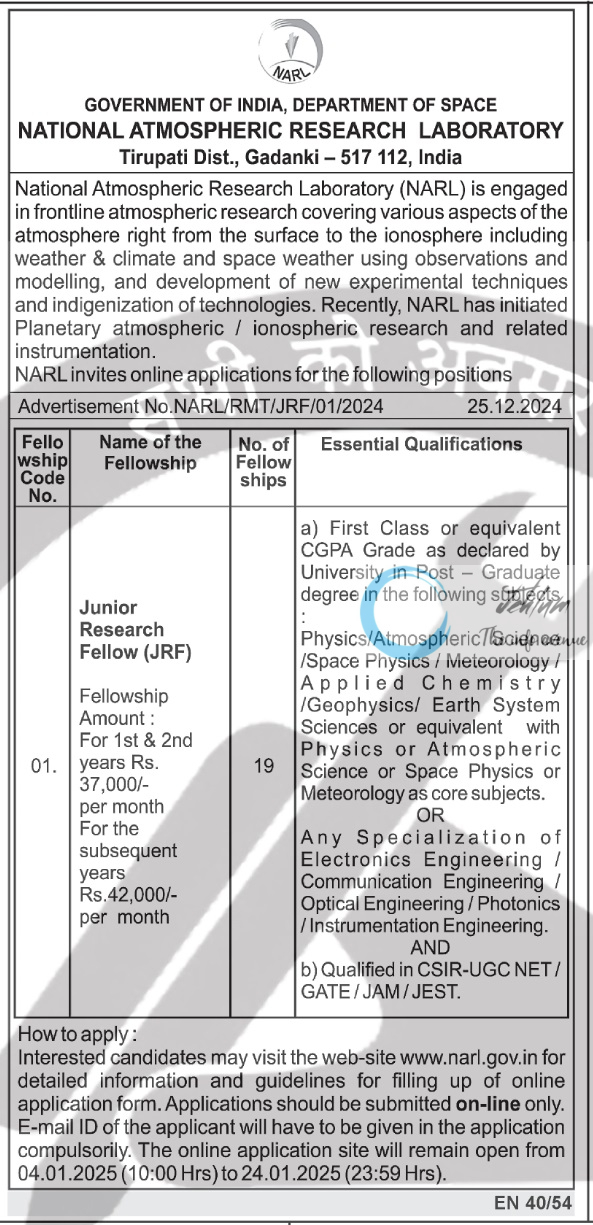 NATIONAL ATMOSPHERIC RESEARCH LABORATORY JRF ADVERTISEMENT NO NARL/RMT/JRF/01/2024