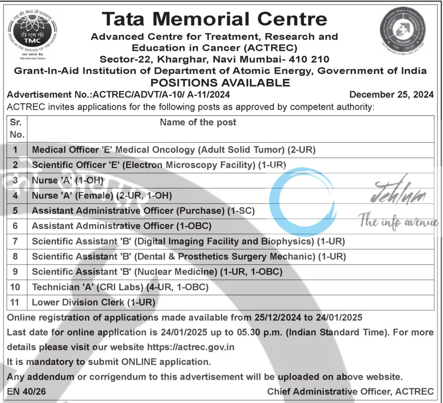 Tata Memorial Centre Recruitment Advertisement No ACTREC/ADVT/A-10/ A-11/2024