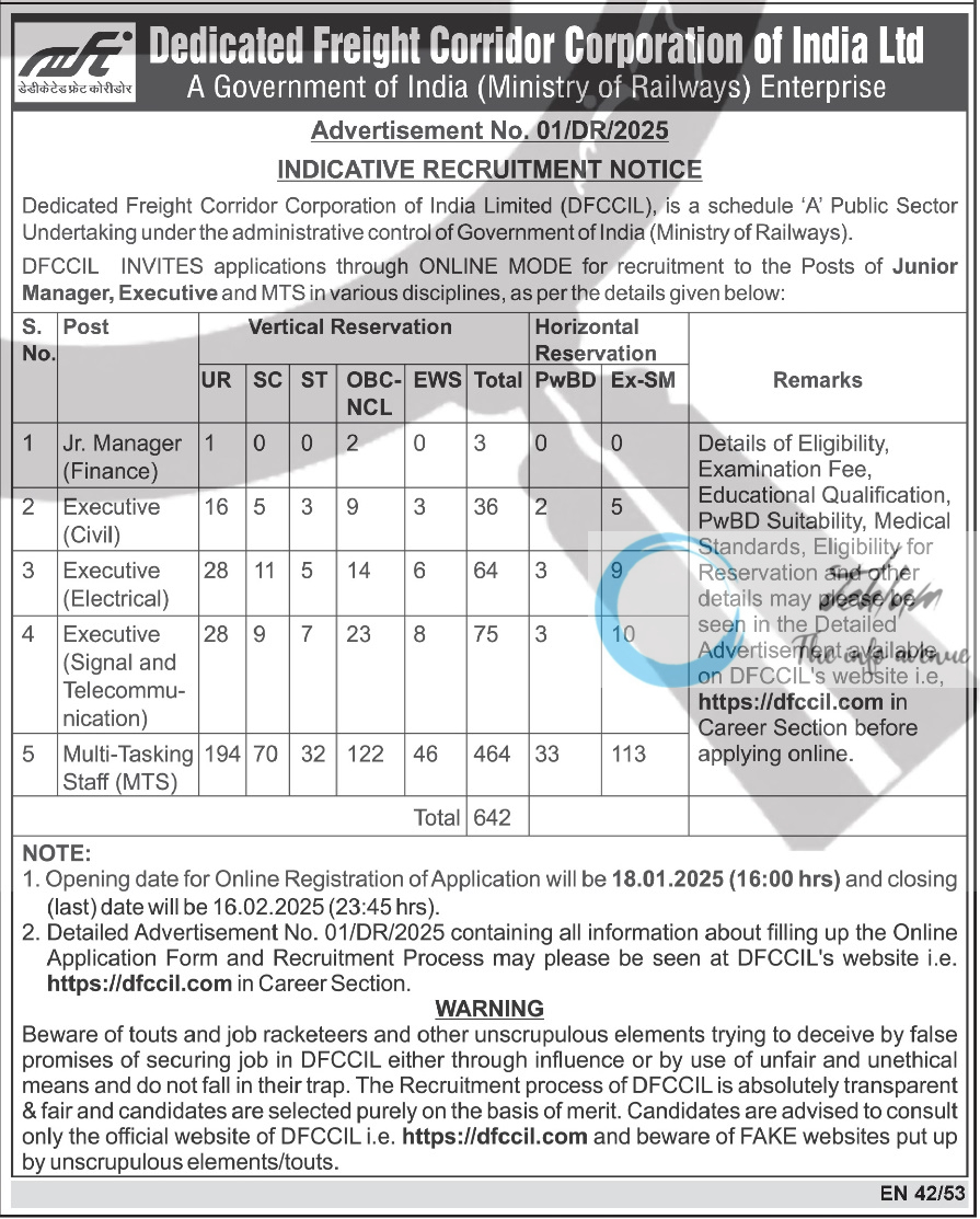 Dedicated Freight Corridor DFCCIL Recruitment Advertisement Notice No 01/DR/2025