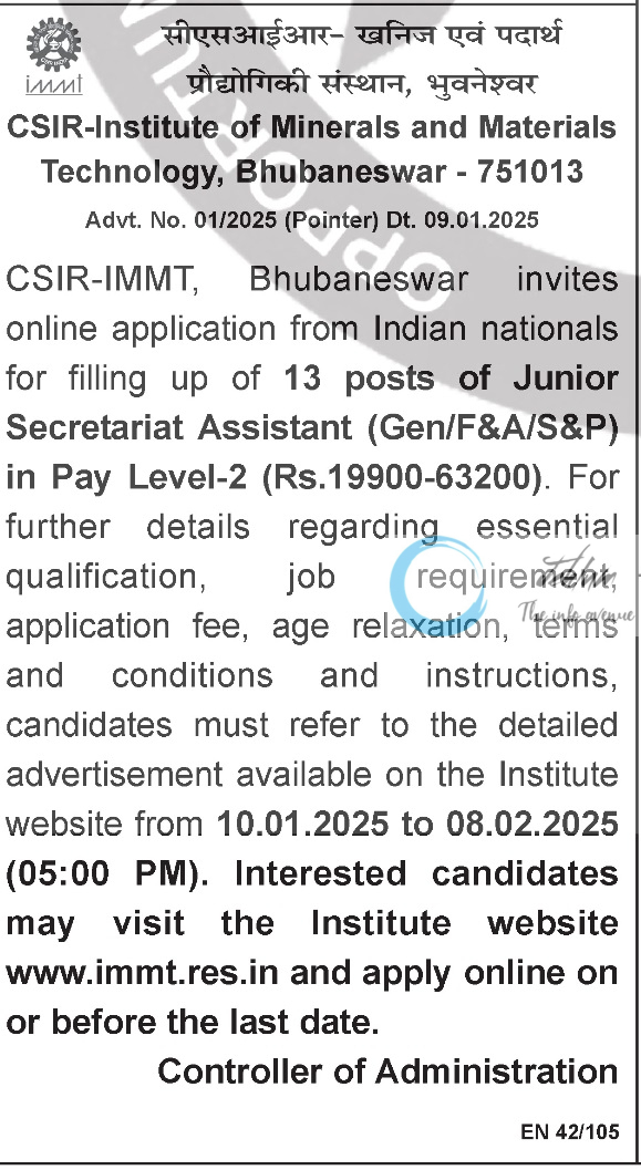 CSIR-Institute of Minerals and Materials Technology Junior Secretariat Assistant Recruitment Advt No 01/2025